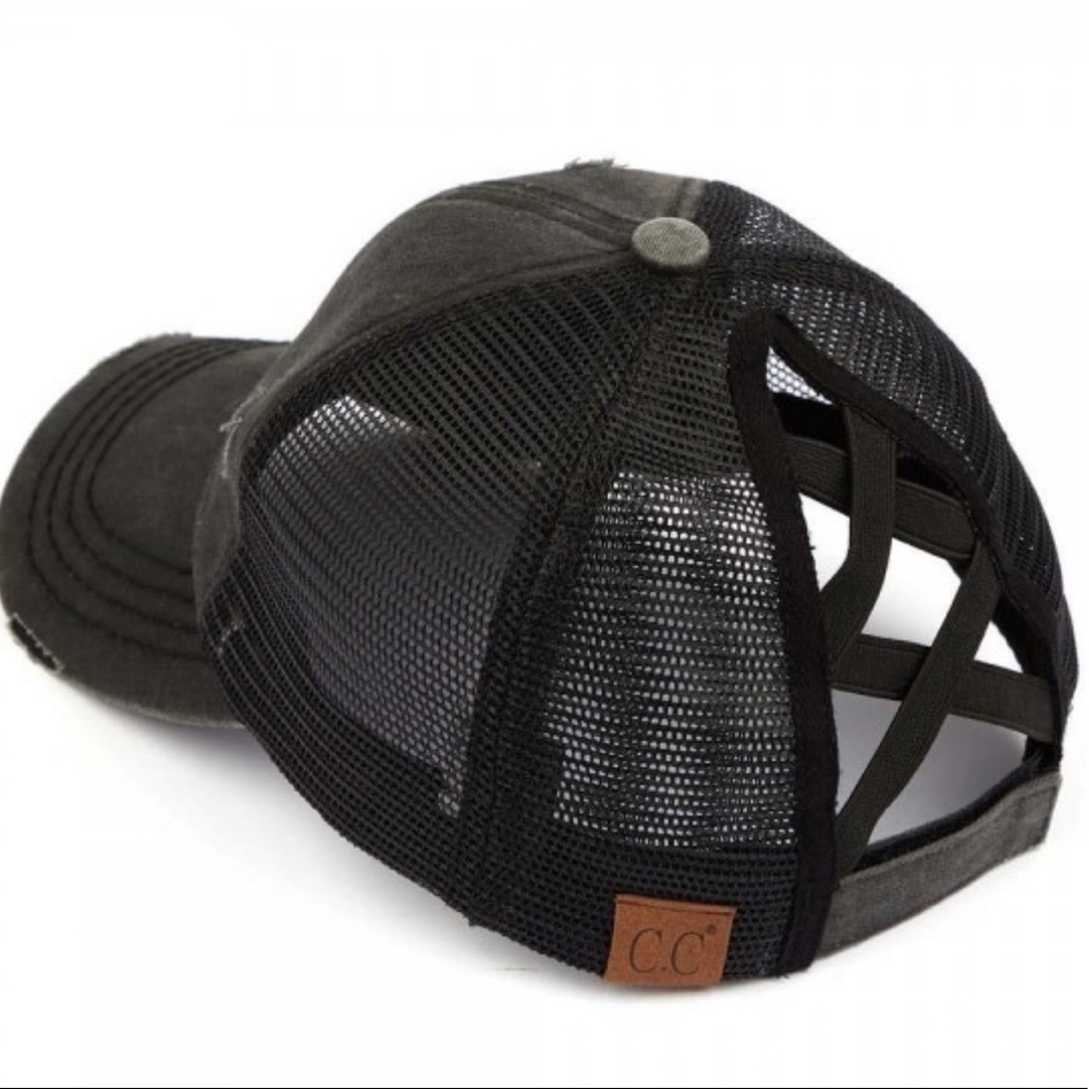 Distressed Criss Cross Pony Hat